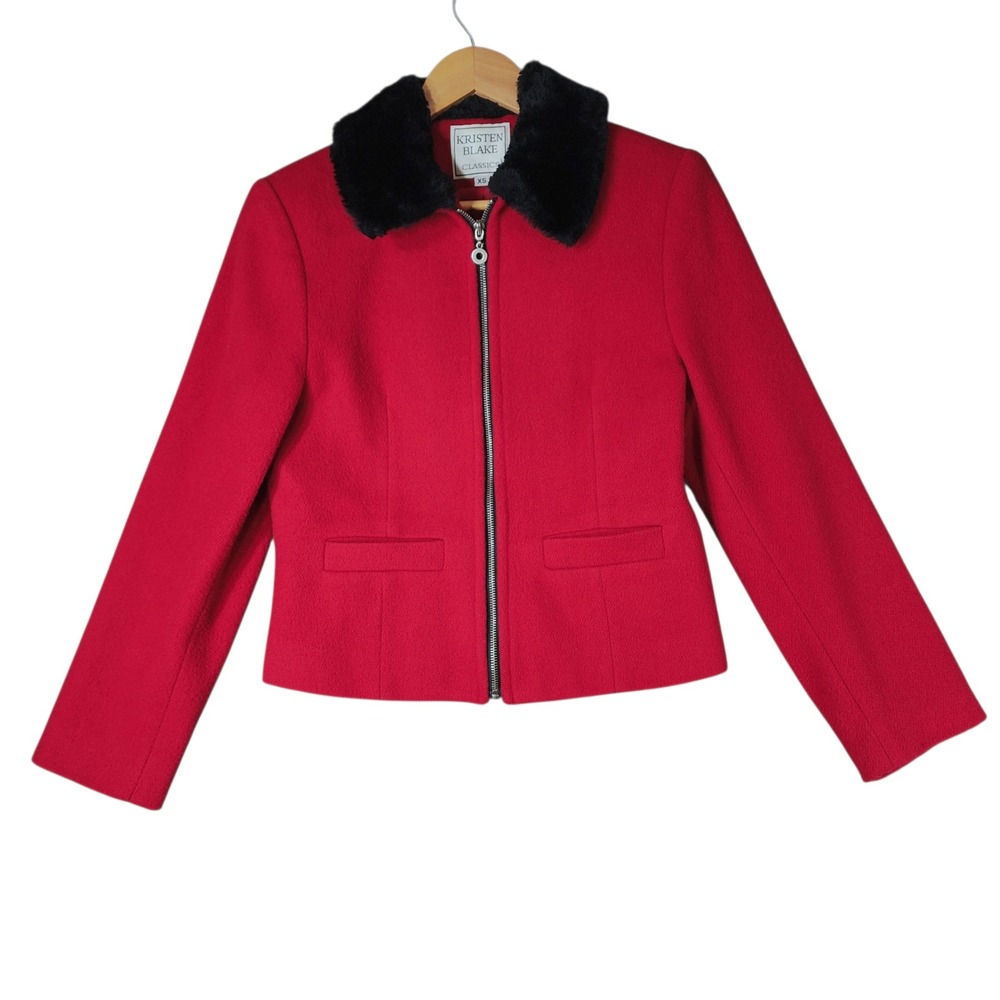 Vtg Kristen Blake Wool Jacket sz XS Women Red Black Faux Fur Collar Full Zip USA